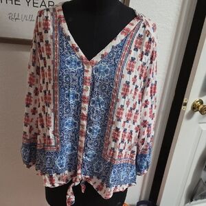 Ruby Rd Blue and White 3/4 Sleeve Tie Front Blouse